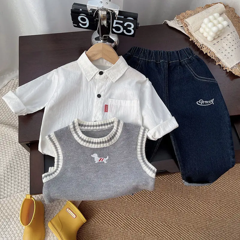 Autumn Toddler Boys 3PCS Clothes Set Cotton Solid Shirts Knitted Vest Denim Stretch Sanding Pants Suit Kids Baby Boys Outfits