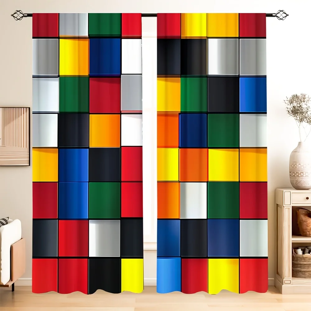 Colorful Geometric Square Pattern Curtain 2pcs Modern Abstraction Design Window Drapes for Home Decor