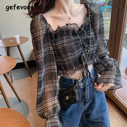 Women Summer Vintage Plaid Drawstring Design Slim Sexy Crop Top Popular Fashion Korean Ladies Elegant College Ins Chiffon Shirts