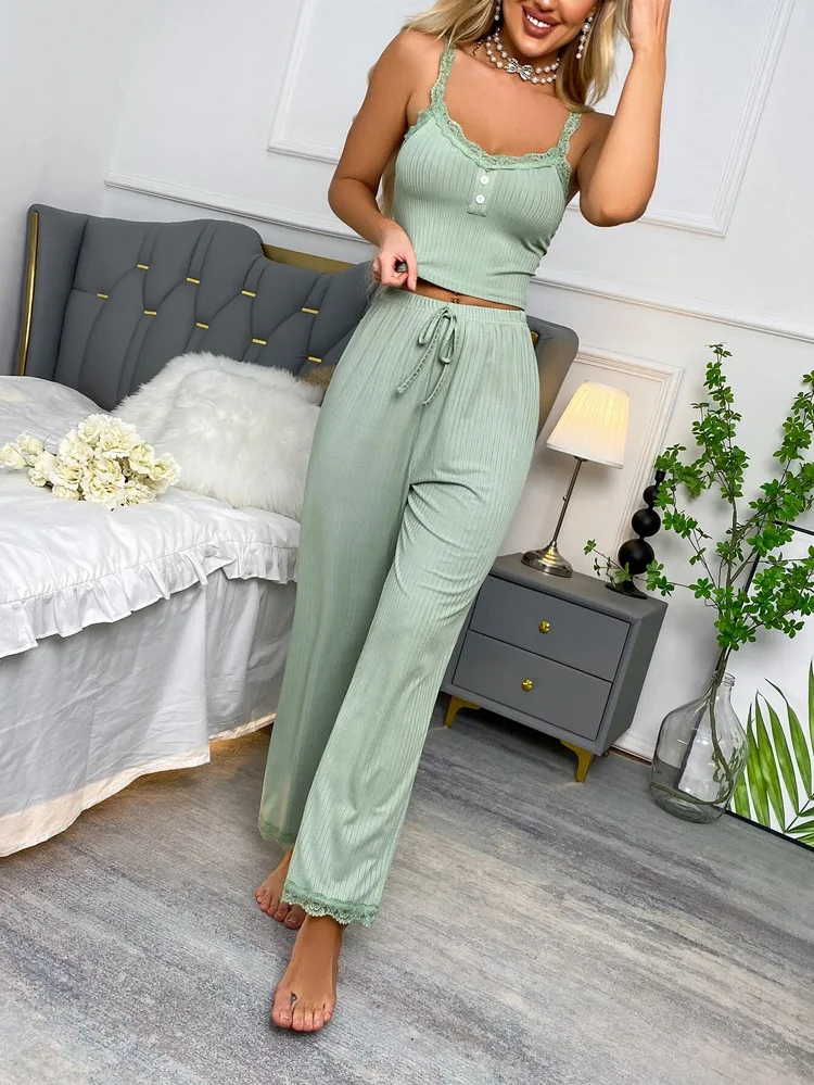 Women\'s Sexy Lace Splicing Tank And Long Trousers Pajamas Set Ribbed Top Long Pants Sleepwear 2 Piece Set Home Suspender Suit