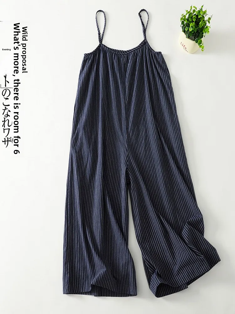 กางเกงเอี๊ยมผู้หญิงลายทางสีน้ำเงินสไตล์เกาหลีทรงหลวมขาบานเอวสูงแบบลำลองความยาวเก้าส่วน