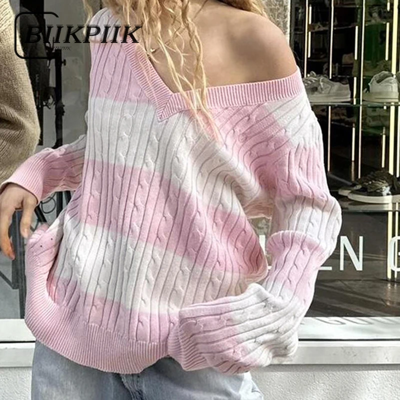 

BIIKPIIK Contrast Color Striped Casual Sweaters Streetwear V-neck Knitted Pullovers Women Autumn Winter Sweet Jumpers All-match