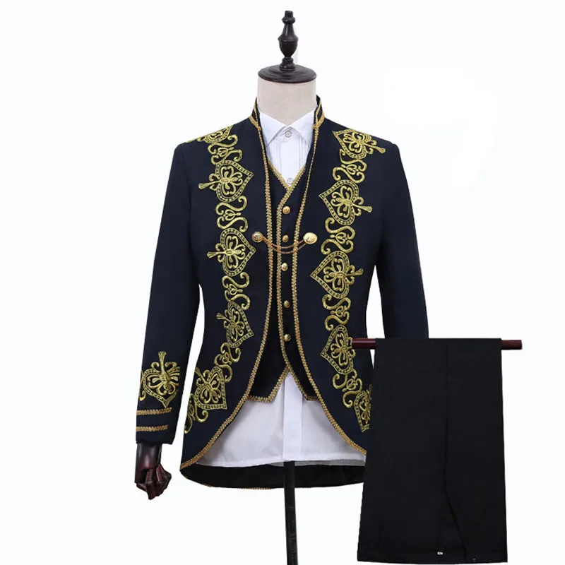 Fashion Men Luxury Jacquard Suit 3 Piece Set Black / Red Classic Male Studio Opera Theatre Performance Dress Jackets Vests Pants