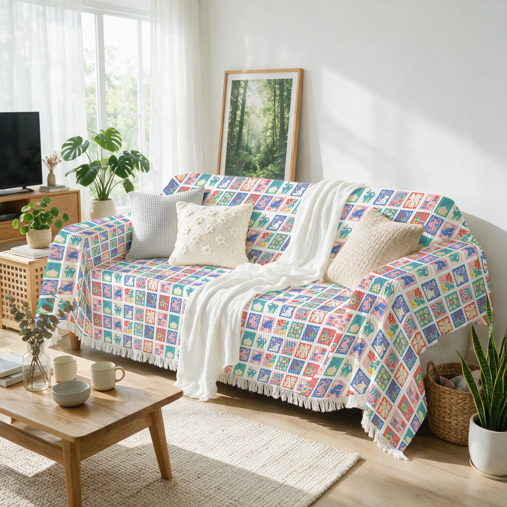 Boho Patchwork Geometric Sofa Throw Blanket Cover for Couch Cushion Seating Area Living Room Decorative Home Decor Gift