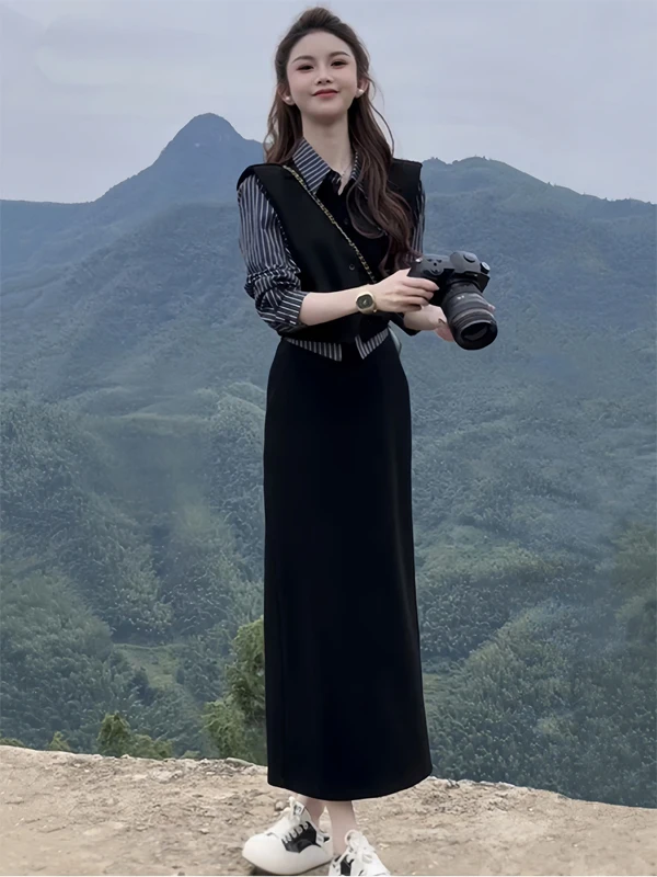 

Faionable Agel European Sle Women's Autumn irt Vest Top High Waist Skirt Slimming Two-Piece Set Ele Commute Wear