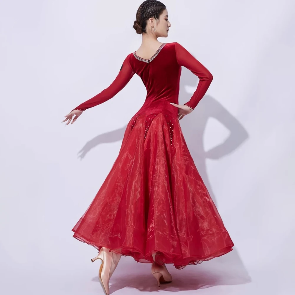 Novo estilo vestido valsa padrão vestido de baile manga longa vestido de dança feminino vinho vermelho preto desempenho
