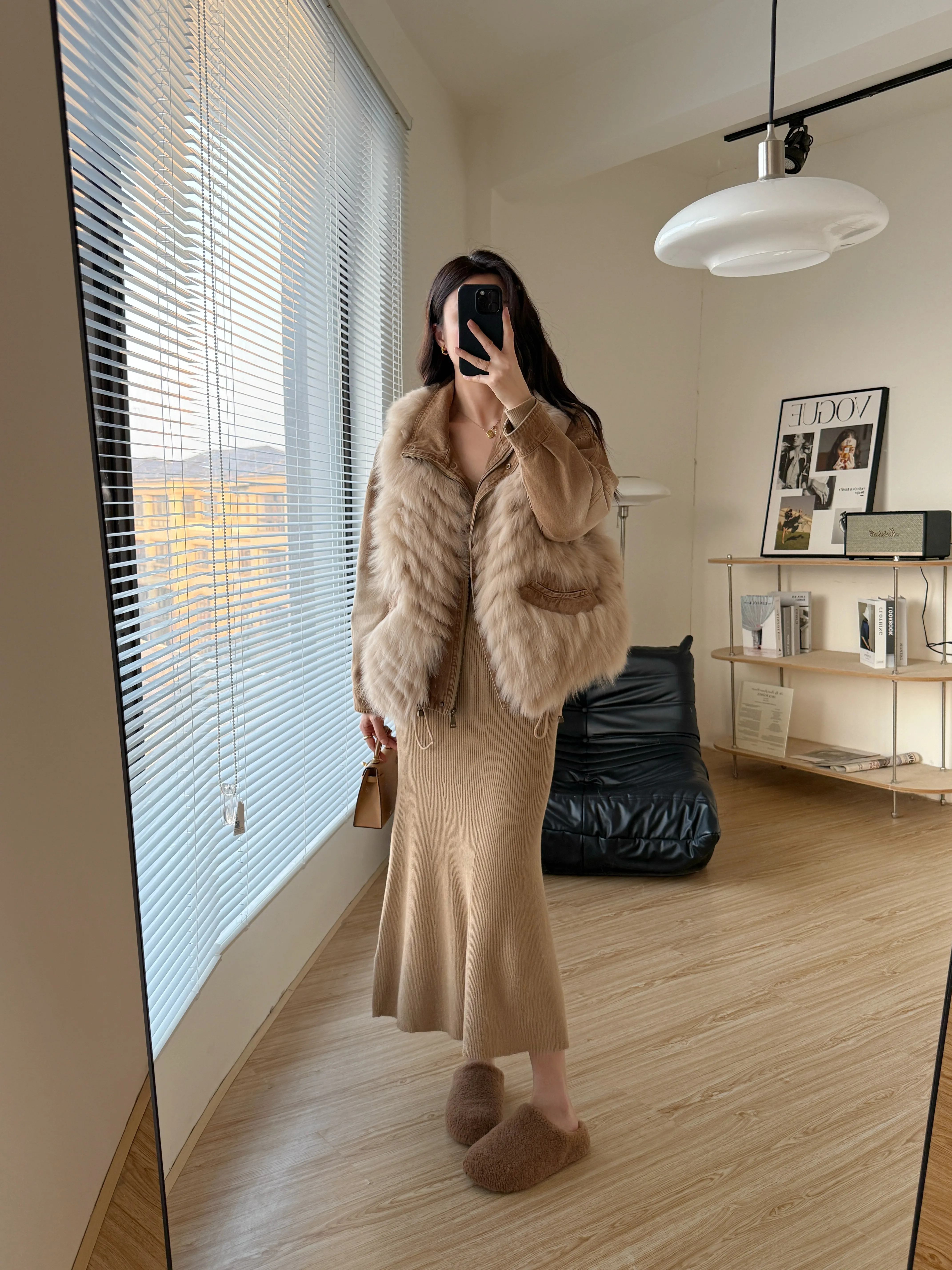 2025 겨울 필드 신상 투피스 데님 폭스 퍼 베스트 재킷, 구스다운 이너 라이너 포함, 필수템