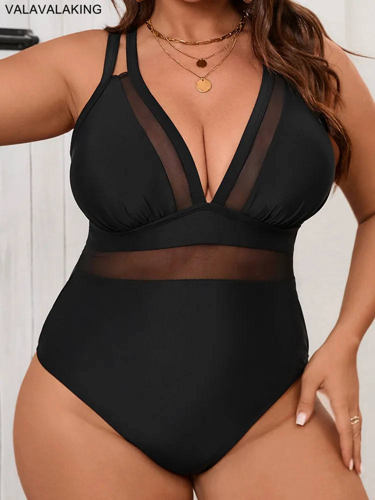 Women Plus Size Mesh One-Piece Swimsuit 1