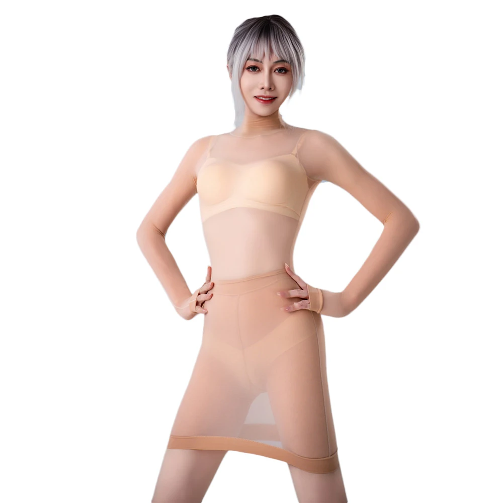 Sexy Women 1D Thin Micro Mini Dress 640Pin Sheer See Through Oil Glossy Tight Packet Hip Smooth Club Dance Maid Dress