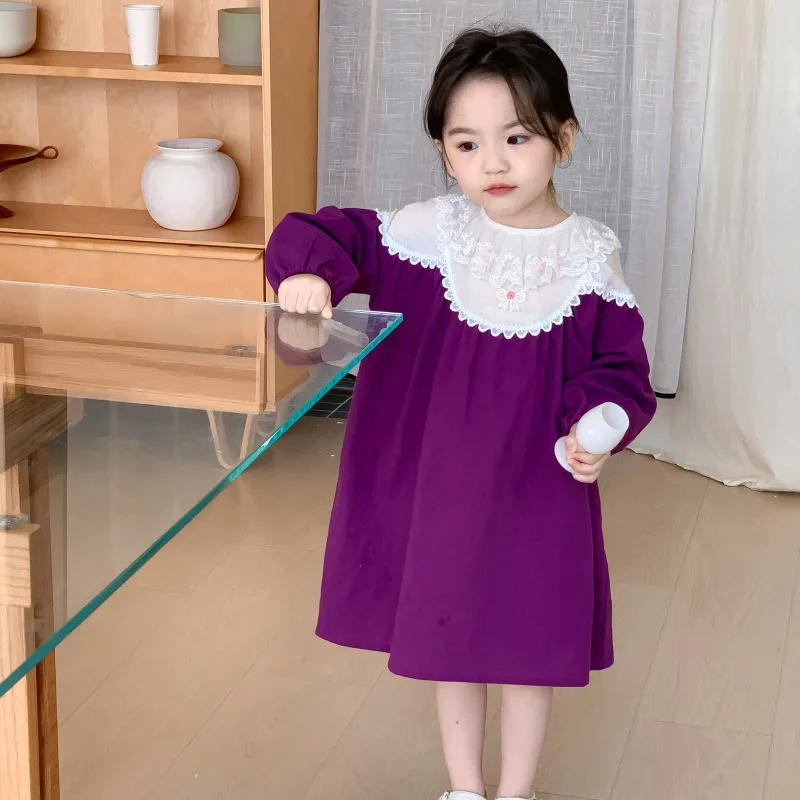 Spring Baby Girls Lace Dress Elegant Vintage Little Girl Cotton Long Sleeve Dresses Children Clothes Fall Boutique Kids Clothing