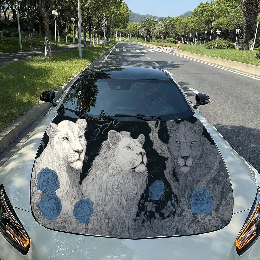 

Elegant car hood design featuring three lions and blue roses, perfect for enhancing your vehicle's style.Car Hood Sticker