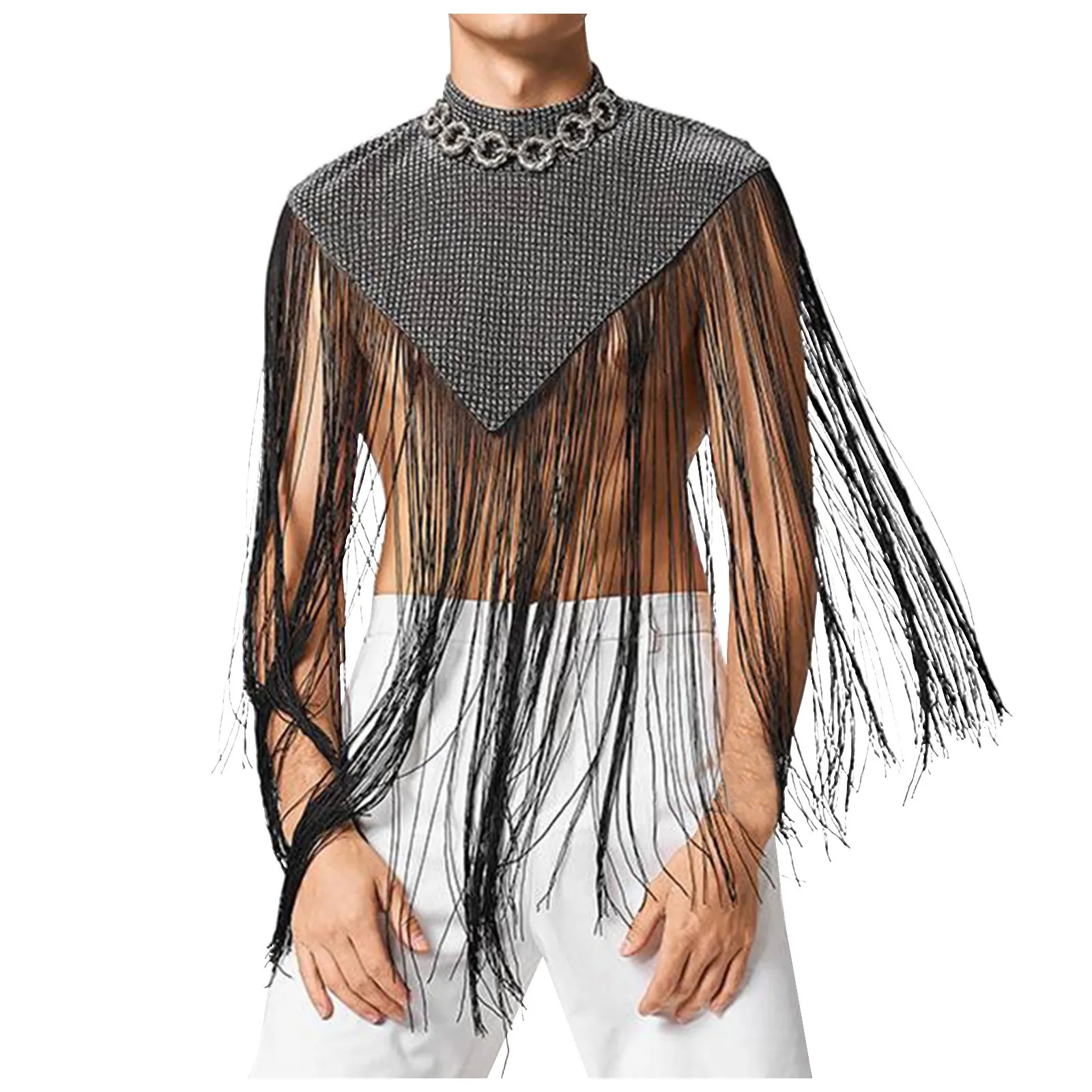 

Men's Fashion Irregular Tank Tops Vests Tassel Patchwork Turtleneck Sleeveless Streetwear Casual Sexy Cloak Ponchos New