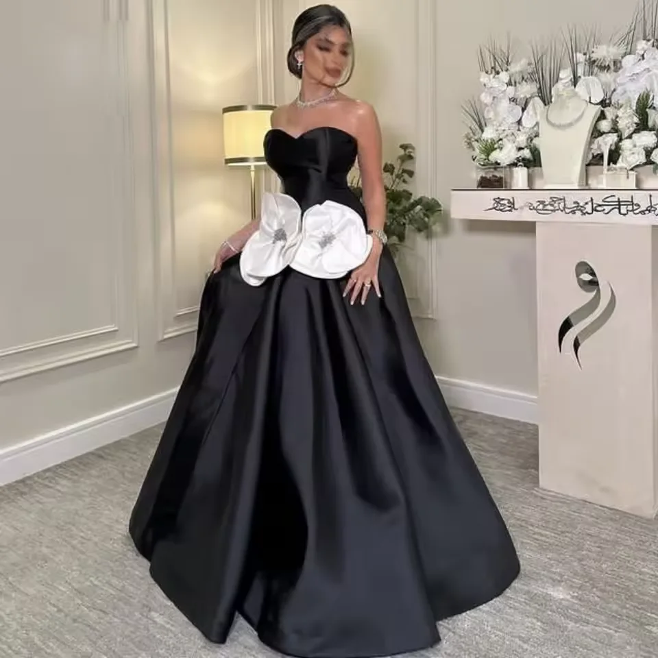 

Elegant 3D-Flowers Sleeveless Prom Dresses Black Satin A-Line Floor Length Evening Dresses Women's Party Dress Customized
