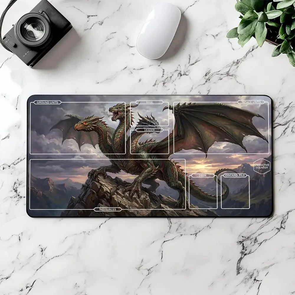 Two-Headed Green Dragon TCG Playmat With Printed Zones, Mountain Cliff Fantasy Trading Card Game Mat Non-Slip