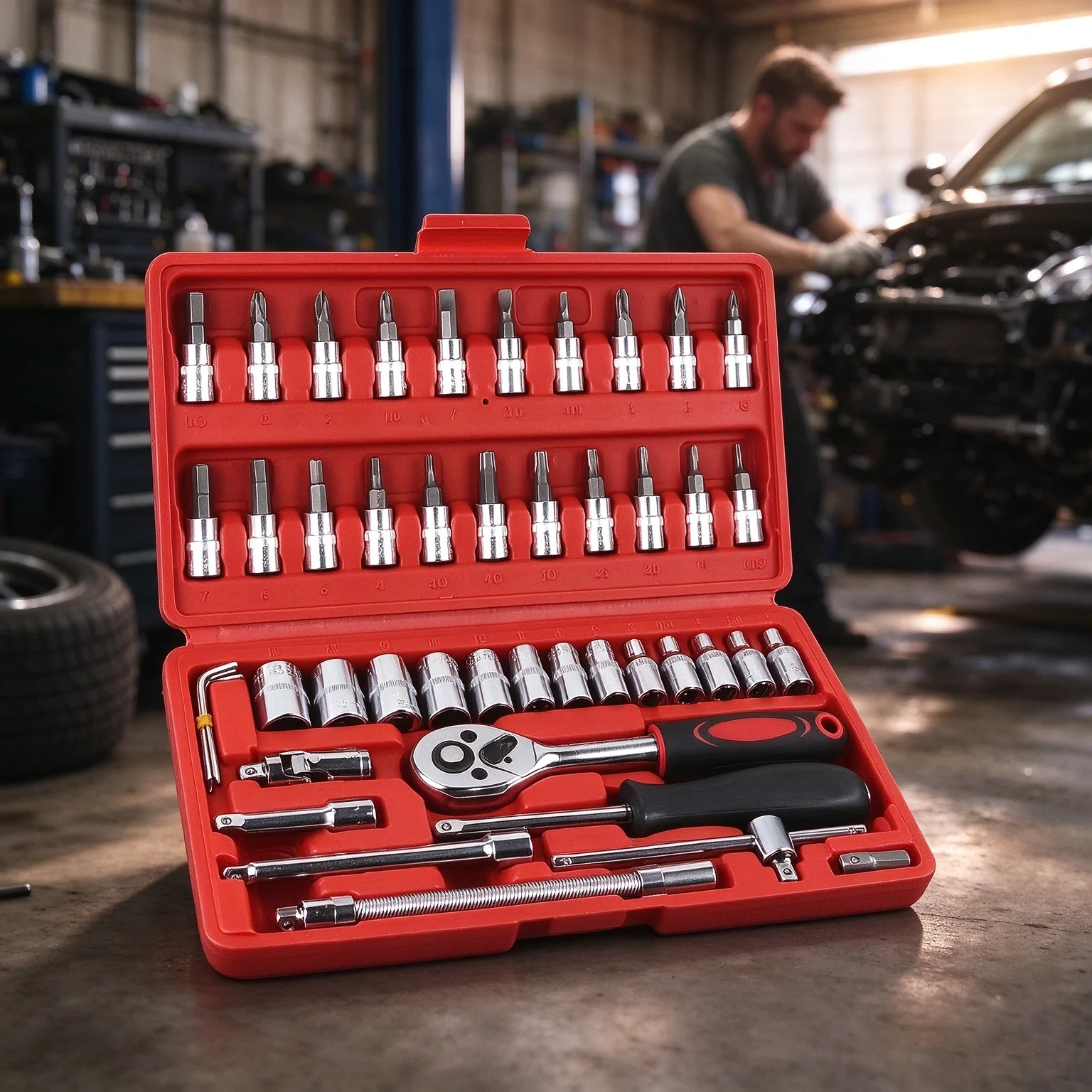 Suitable for car and machinery repairs – 46-piece metric socket set, 1/4-inch drive ratchet spanner, portable repair tool kit