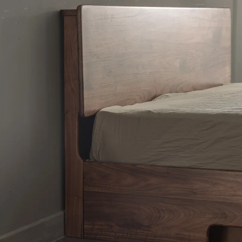 Nordic all solid wood black walnut double bed modern simple Japanese box storage bed