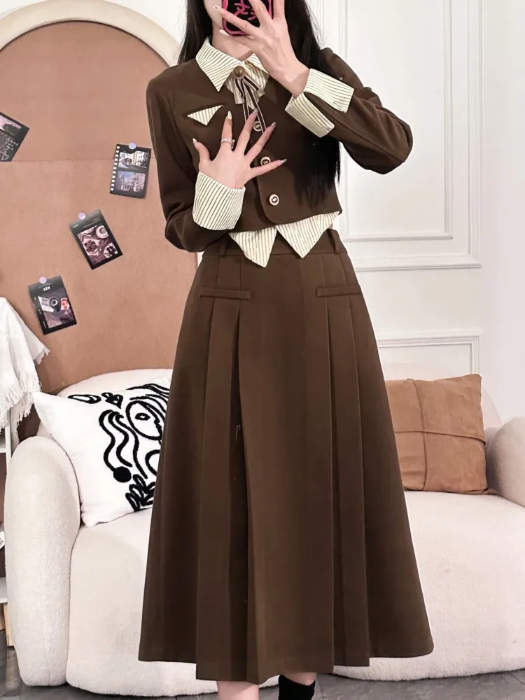 Korean New Vintage Women Skirt Suits Fashion Lady Long Sleeve Blazer Top Casual Pleats A-line Skirt 2023 Y2k Solid 2 Pieces Set