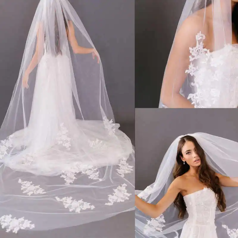 

Индивидуальная новая мода с аппликациями, кружевная свадебная фата с блестками и расческой, длина 3 м, белая фата цвета слоновой кости 2 T