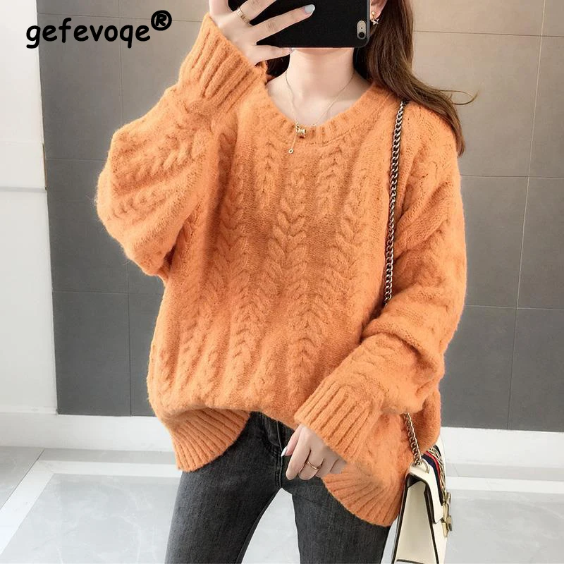 Womens Clothing Autumn Winter Trendy Casual Streetwear Oversize Knitted Sweater Korean Twisted Long Sleeve Pullover Tops Jumpers