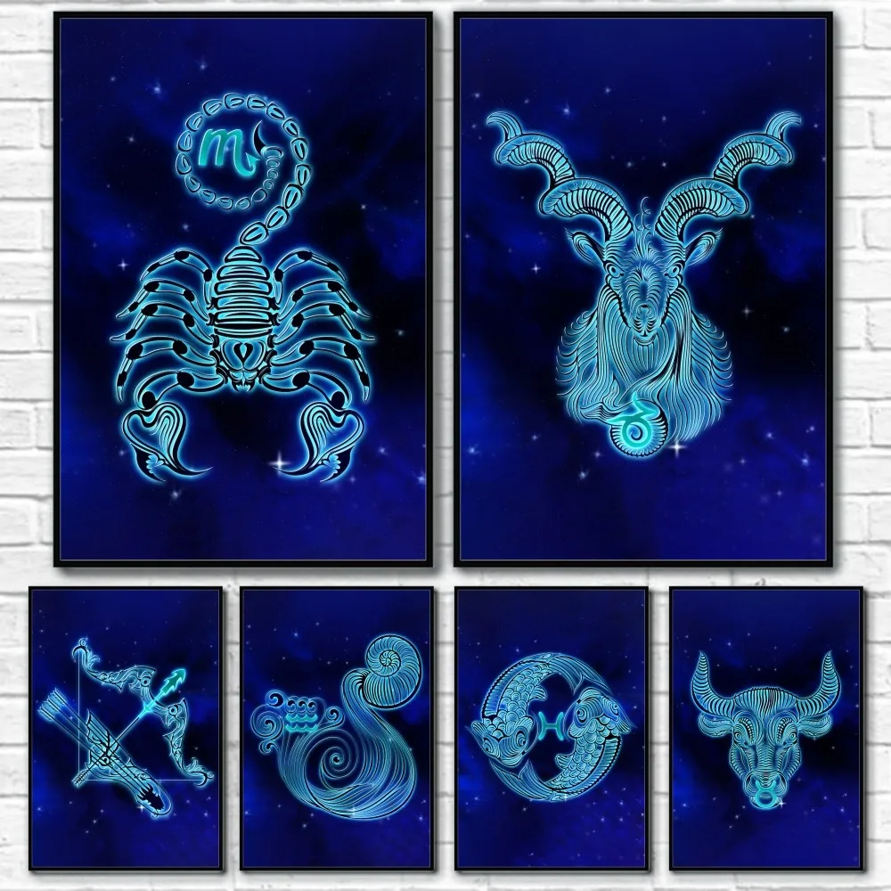 

12 Zodiac Signs Design Poster Sticky Wall Art Printing Waterproof Home Living Bed Room Bar Aesthetic Decor