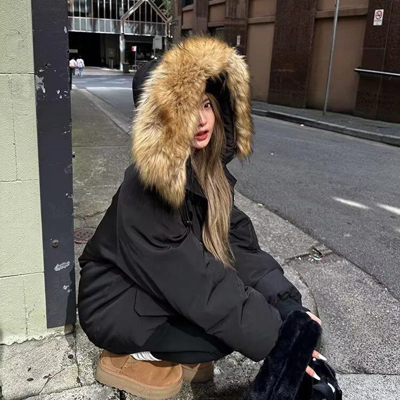 New Winter White Duck Down Jacket Women Loose Large Fur Collar Coat Hooded Warm Outerwear Female Casual Windproof Parkas