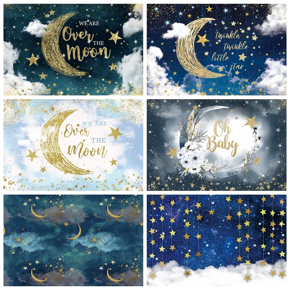 Twinkle Little Star Baby Shower Backdrop for Photography Moon Clouds Sky Boy Girl Baby Birthday Party Photo Background Decor