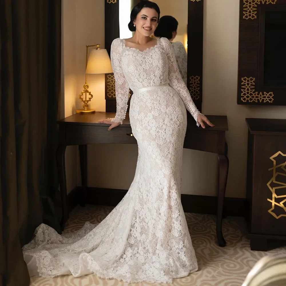 Flavinke personnalisé dentelle sirène robes De mariée pour mariée chérie manches longues exquise dentelle robes De mariée Vestido De Noiva