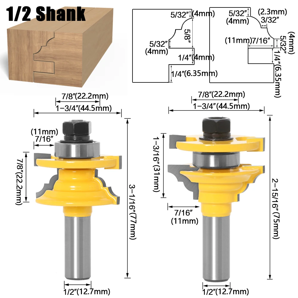 목공 문 라운드 코너 레일 및 스틸 라우터 비트, 목재 목공 도구용 테논 밀링 커터, 12mm 1/2 인치 생크, 2 개