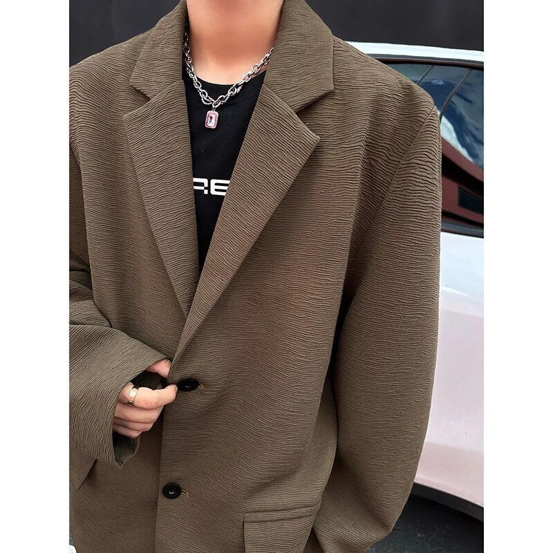 

Brown Black Blazer Men Fashion Society Mens Dress Jacket Korean Loose Casual Pleated Suit Jacket Mens Office Formal Jackets