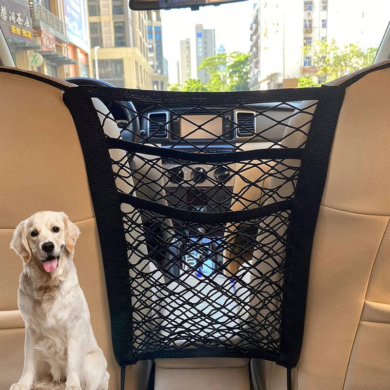 Car Net Organizer Standard Between Seat Mesh Storage Net With Pockets Front Seat Dog Barrier for Cars Trucks 3 Layers