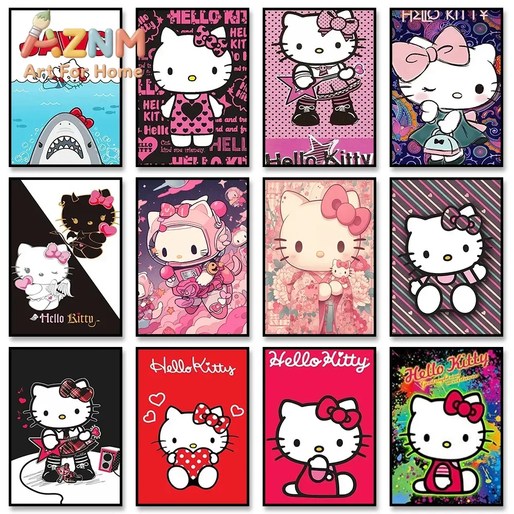 AZNM Hello Kitty Frameless Canvas Wall Art Poster, Cute Cartoon Pink Cat Canvas Print for Girls Bedroom Home Wall Decoration