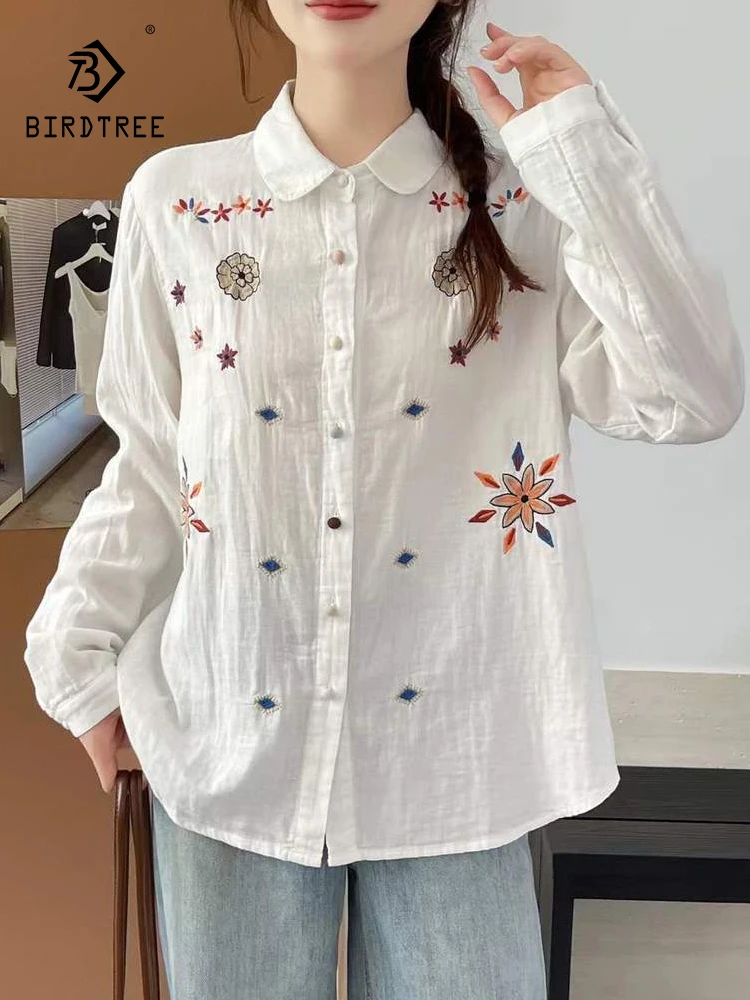 

New 2025 Autumn Long Sleeve Cotton Yarn Shirt, Women Turn-down Collar Embroidery, Mori Girl OL Temperament Loose Blouse T59924CC