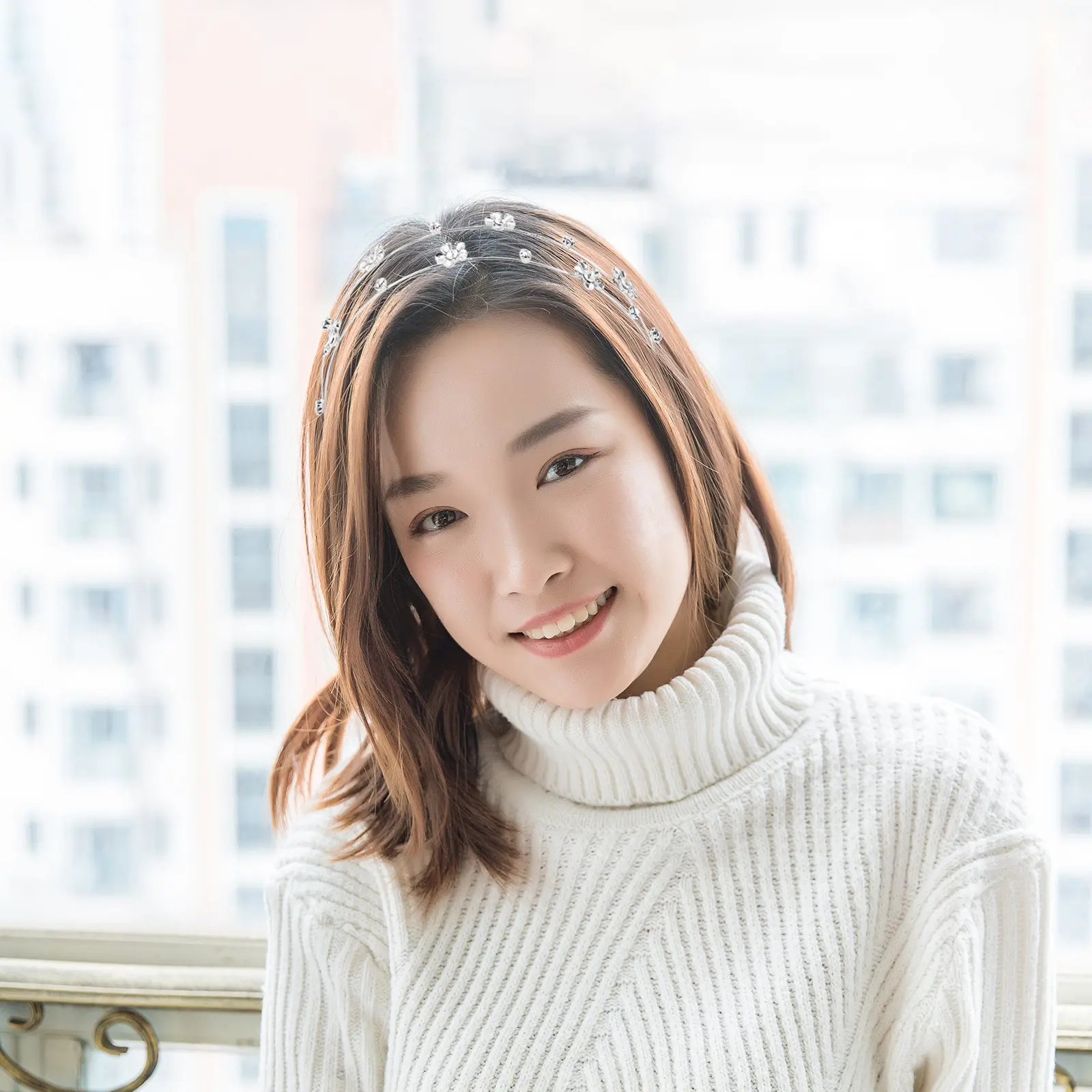 

Women Rhinestone Headband Silver Double Layer Bridal Wedding Hair Band Alloy Sparkling Hair Loop Round Leaf Five-Petal Flower