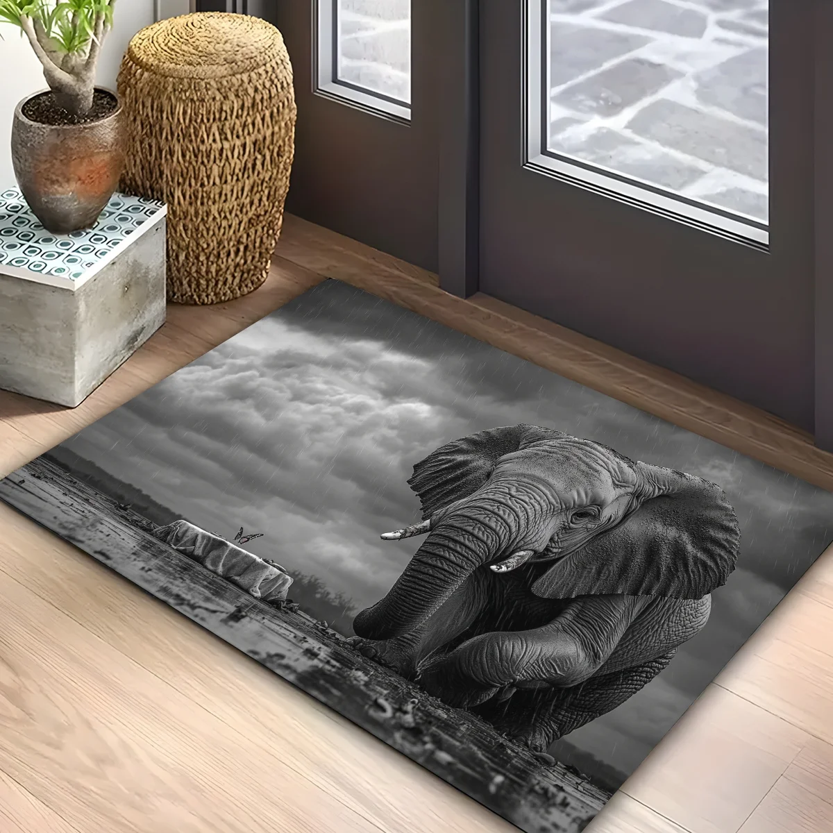 

1 шт. напольный коврик с рисунком слона и бабочки, полиэфирная ткань, можно стирать в машине, подходит для ванной комнаты, кухни, гостиной