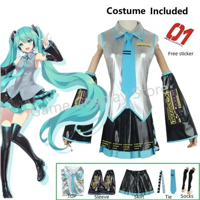 Miku تأثيري مجموعة كاملة من القماش الجلدي الفضي دعوى Miku تأثيري خوذة زي الزي JK saior فستان زي المدرسة الثانوية شعر مستعار