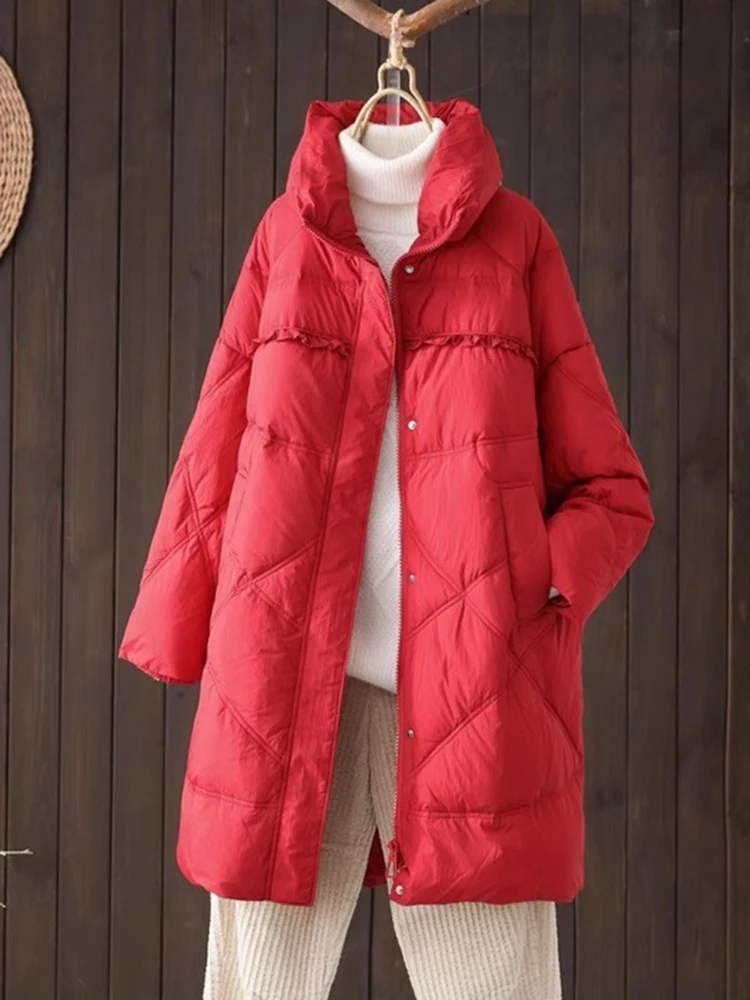 Winter Coats White Duck Down Puffer Jacket Women Medium Long Hooded Keep Warm Large Loose Thick Retro Warm Outwear Down Jackets