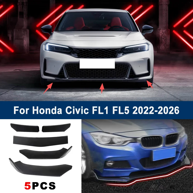 

Adjustable 5Pcs Sectional Front Spoiler Lip For Honda Civic FL1 FL5 2022-2026 Front Bumper Splitter Car Exterior Sport Body Kit