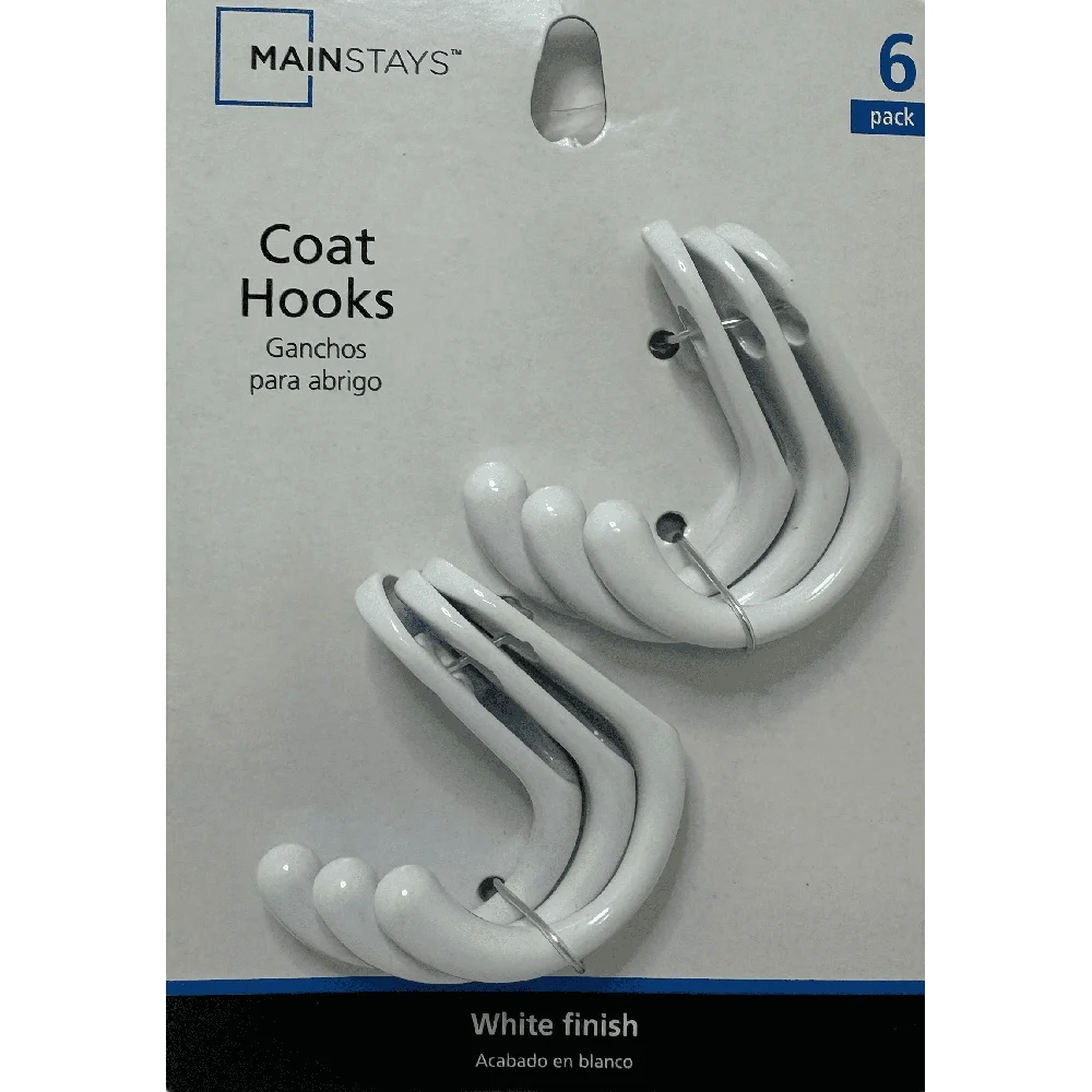 White Metal Wall Hooks 6 Pack Mounting Hardware Included 10 lb Weight Limit Classic Design Easy Installation Durable Storage