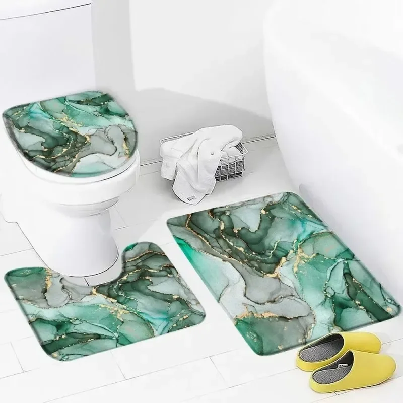 VIKAMA 3pcs Marble Gold Vein Bathroom Rug Set, Noise Reducing & Machine Washable, Toilet Mat for Restroom Home Decor