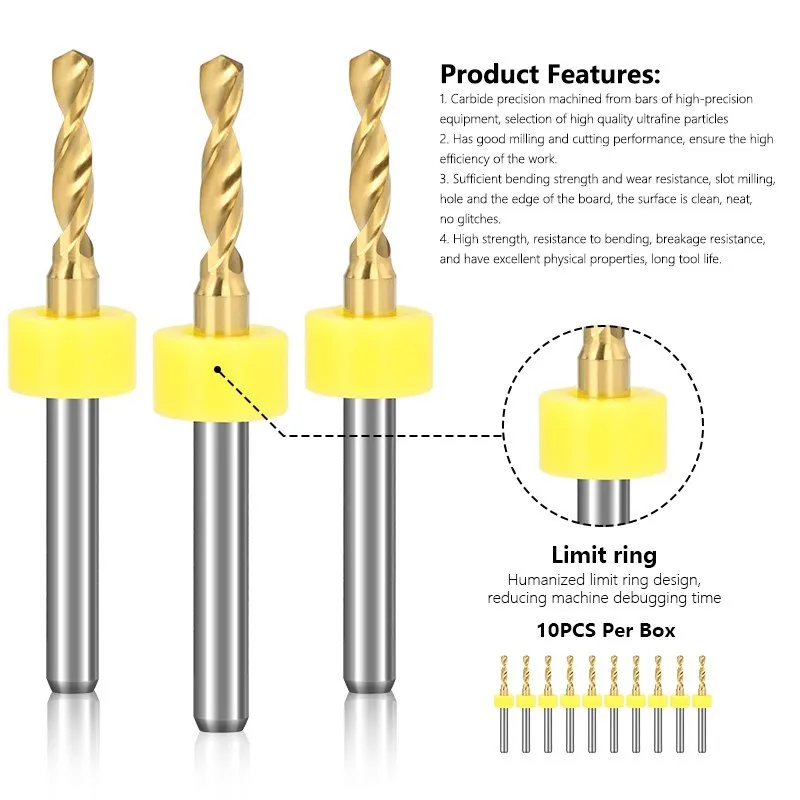 XCAN 10 Buah Mata Bor PCB 1/8 Batang Bor Mikro Lapis Titanium untuk Papan Sirkuit PCB Mini Set Mata Bor CNC 0.1-2.5Mm