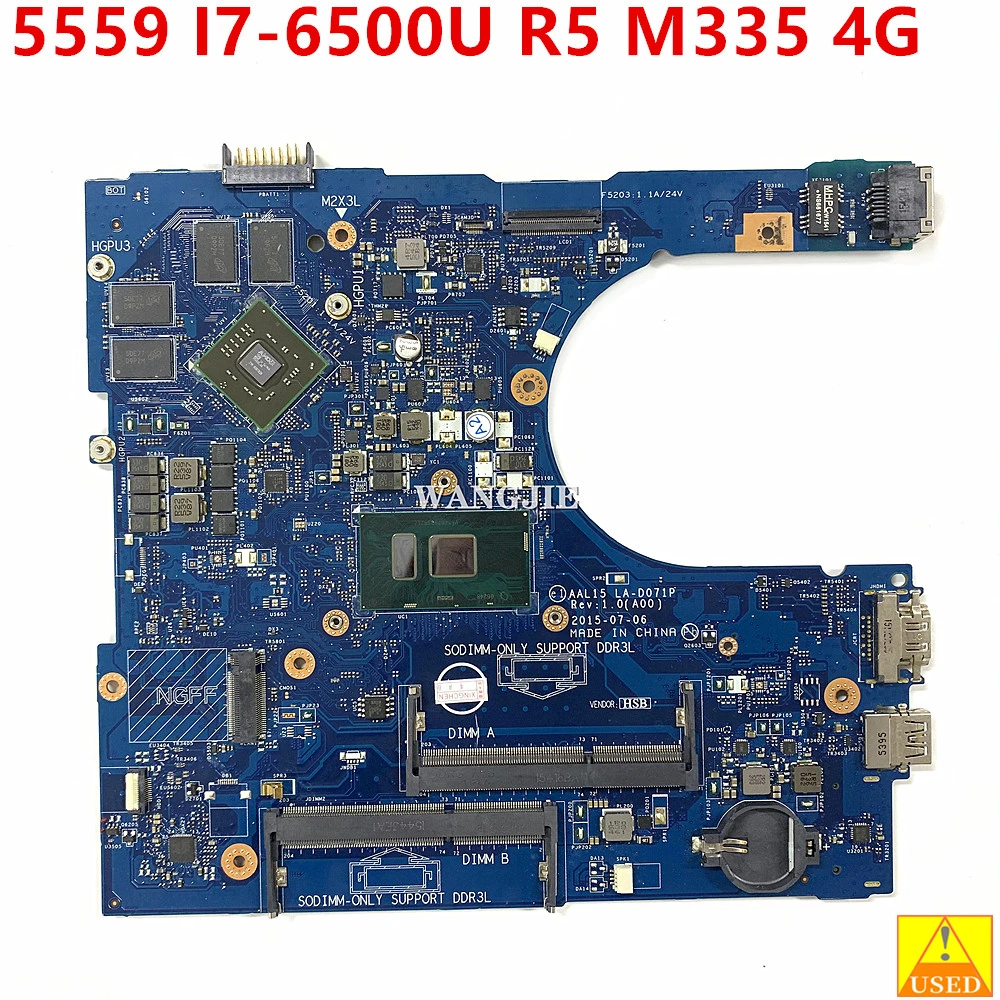 

For Dell Inspiron 15 5559 Motherboard AAL15 LA-D071P YVT1C 0YVT1C CN-0YVT1C W/ i7-6500u CPU and R5 M335 4G GPU