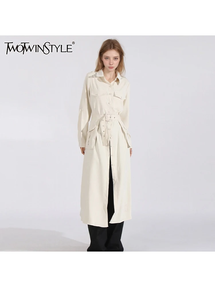 

TWOTWINSTYLE Solid Patchwork Sashes Elegant Dress For Women Lapel Long Sleeve Spliced Button Casual Midi Dress Female Fashion