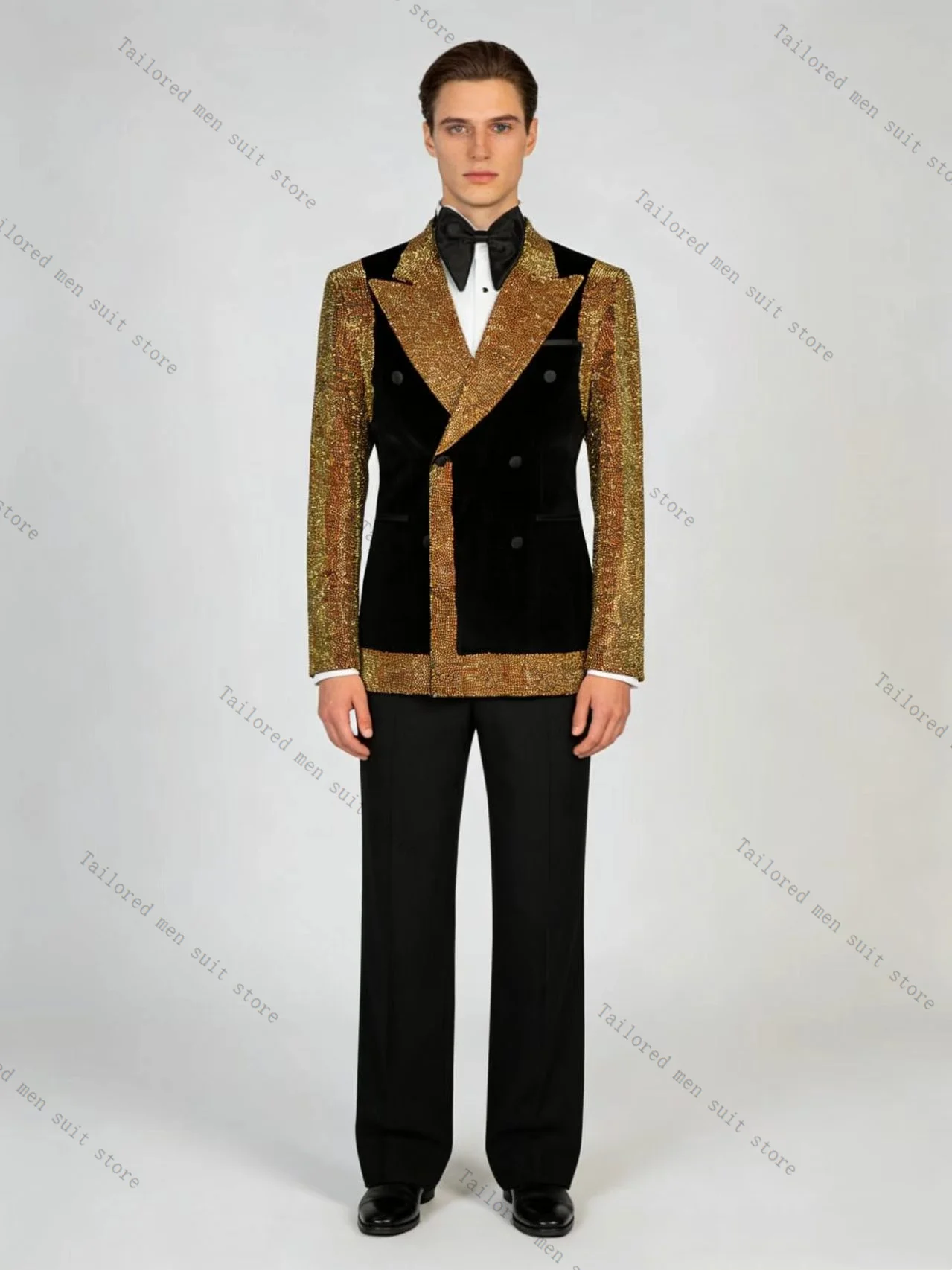 

Luxury Golden Crystals Men Suits Pants Set 2 Pcs Blazer+Trousers Wedding Tuxedos Jacket Formal Office Business Coat Outfit
