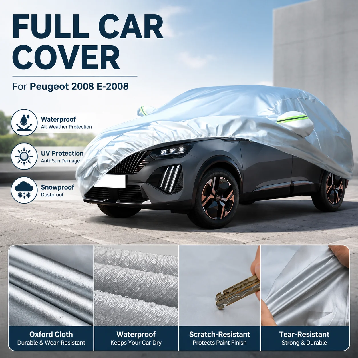Waterproof Outdoor Full Car Cover Reflective Strip Snowproof Dustproof UV Protection For Peugeot 2008 E-2008 Auto Exterior Acces