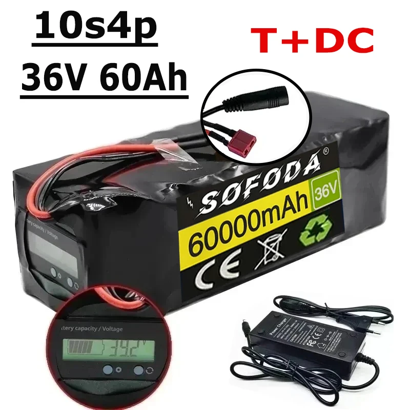 36V Battery 10S4P 60Ah Battery Pack 500W High Power Battery 42V 60000mAh Ebike Electric Bicycle xt60 BMS with Capacity Indicator