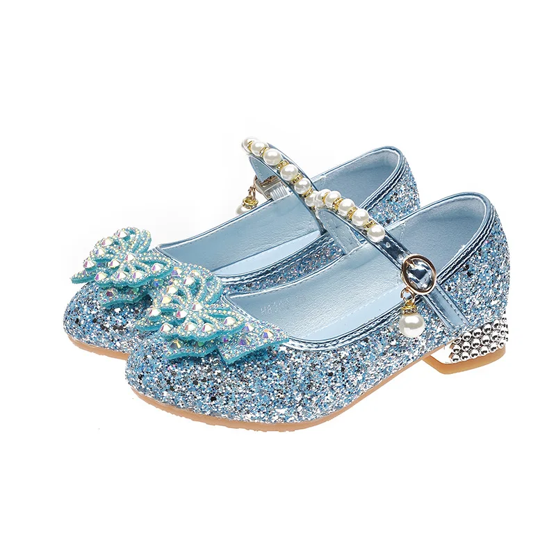 Girls High Heels 2024 New with Blue Pink Princess Crystal Dance Shoes Bowknot Rhinestone Beaded Children Wedding Leather Shoes