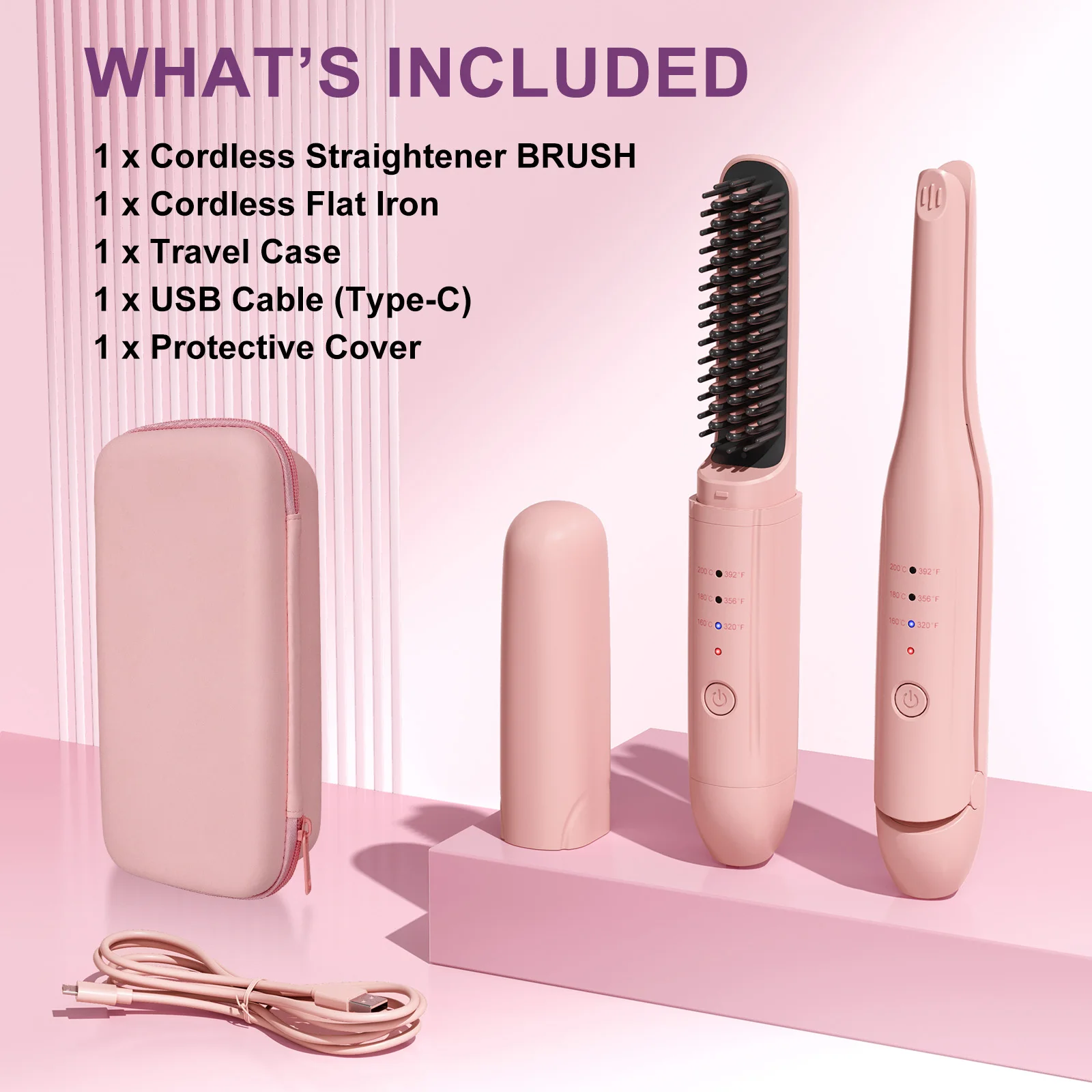 

Cordless Hair Straightener Brush Portable on The go Comb for Travel 30s Fast Heating USB Rechargeable Dual Power Supply LCD Dis