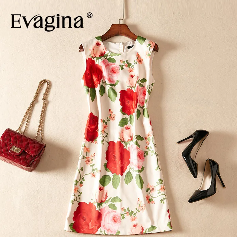 Evagina Fashion Design Spring Summer Women's Sleeveless Flower Printing Streetwear A-Line Short Dresses