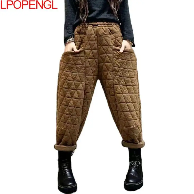 New Warm Harem Pants Casual Mom Plaid Trousers Snow Wear Cotton Thick Baggy Pant Elastic High Waist Sweatpants 2022 Winter