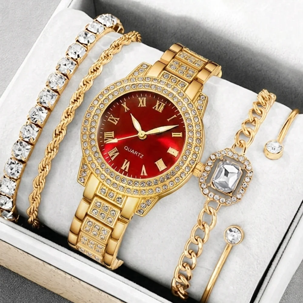 5Pcs/Set Unisex Jewelry Watches Women's Wristwatch Accessories Gold Red Fashionable Elegant Trendy Classic Exquisite Rhinestone Luxury Quartz Watch Y2K Party Gathering Daily Wear Birthday Holiday Gift Travel Vacation